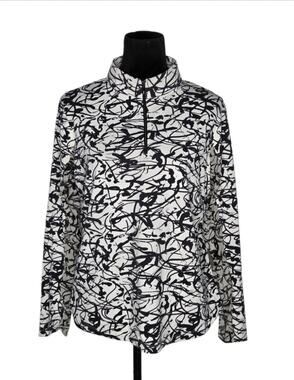 IBKUL Black & White UPF 50+ 1/4 Zip Mock Neck Top Long Sleeve Golf Athletic Sz L